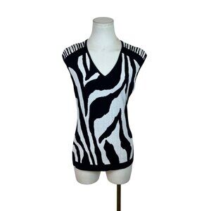 Lafayette 148 Womens Black/White V-Neck Zebra Print Sleeveless Sweater Vest Size